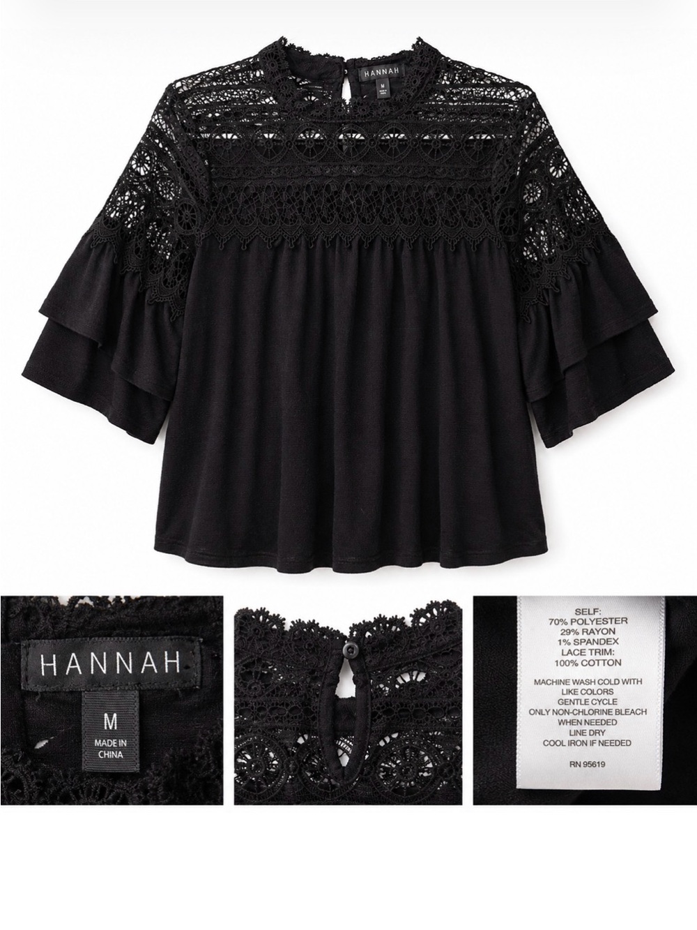 Hannah Black Crochet Yoke Ruffle Sleeve Blouse